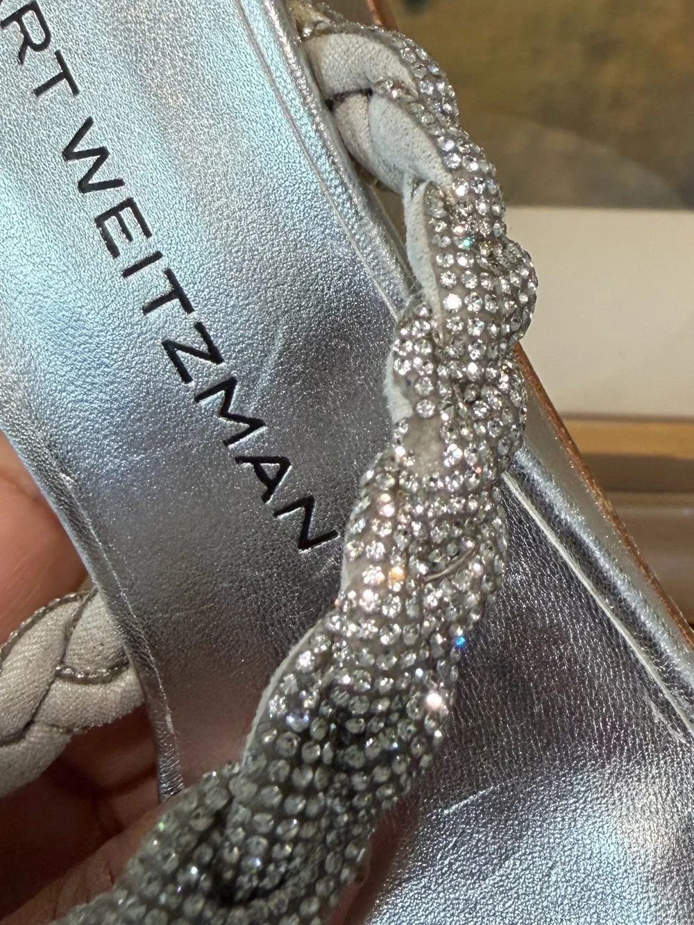 🌹STUART WEITZMAN🌹 Highshine Crystal Braid Wedge Sandals In Silver Size: 5.5 B - Picture 8 of 16